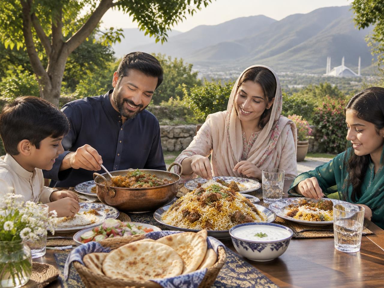 Family sharing biryani and karahi at an outdoor garden table